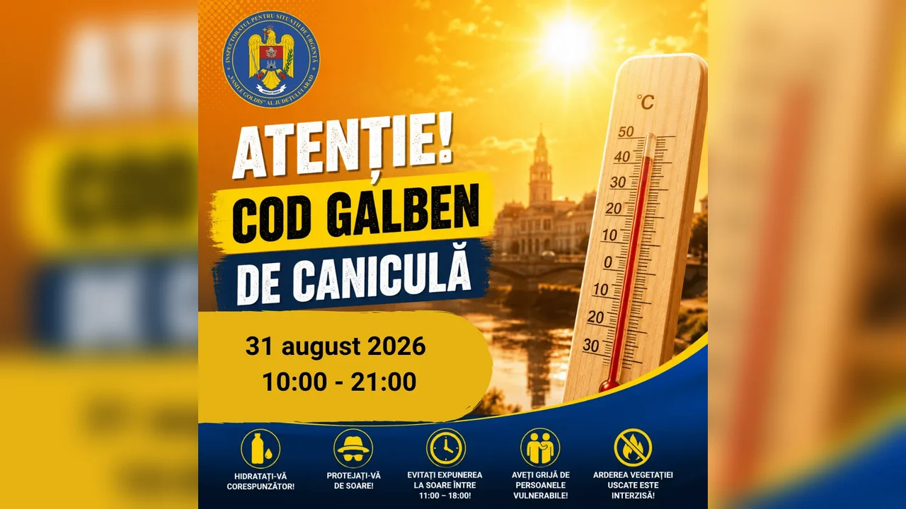 Arad, 31 august: Cod galben de caniculă, 35–37°C și ITU la pragul critic