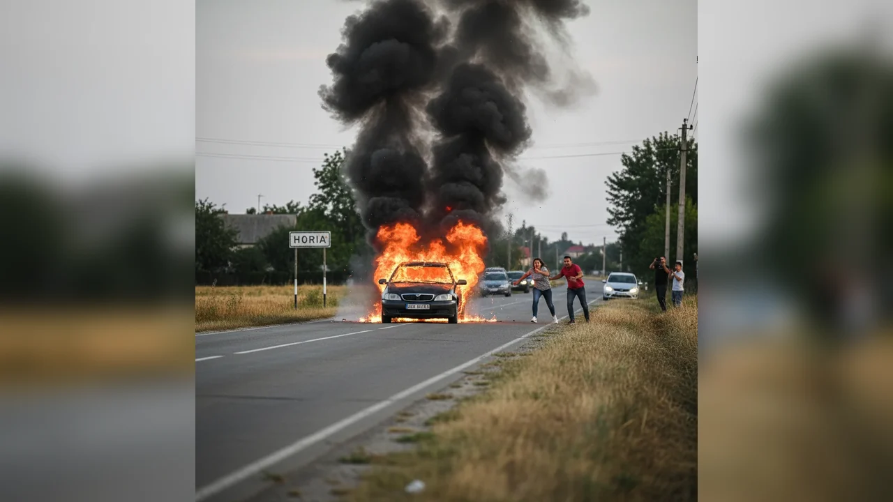 Autoturism cuprins de flăcări în mers la intrarea în Horia, intervenție a pompierilor din Arad