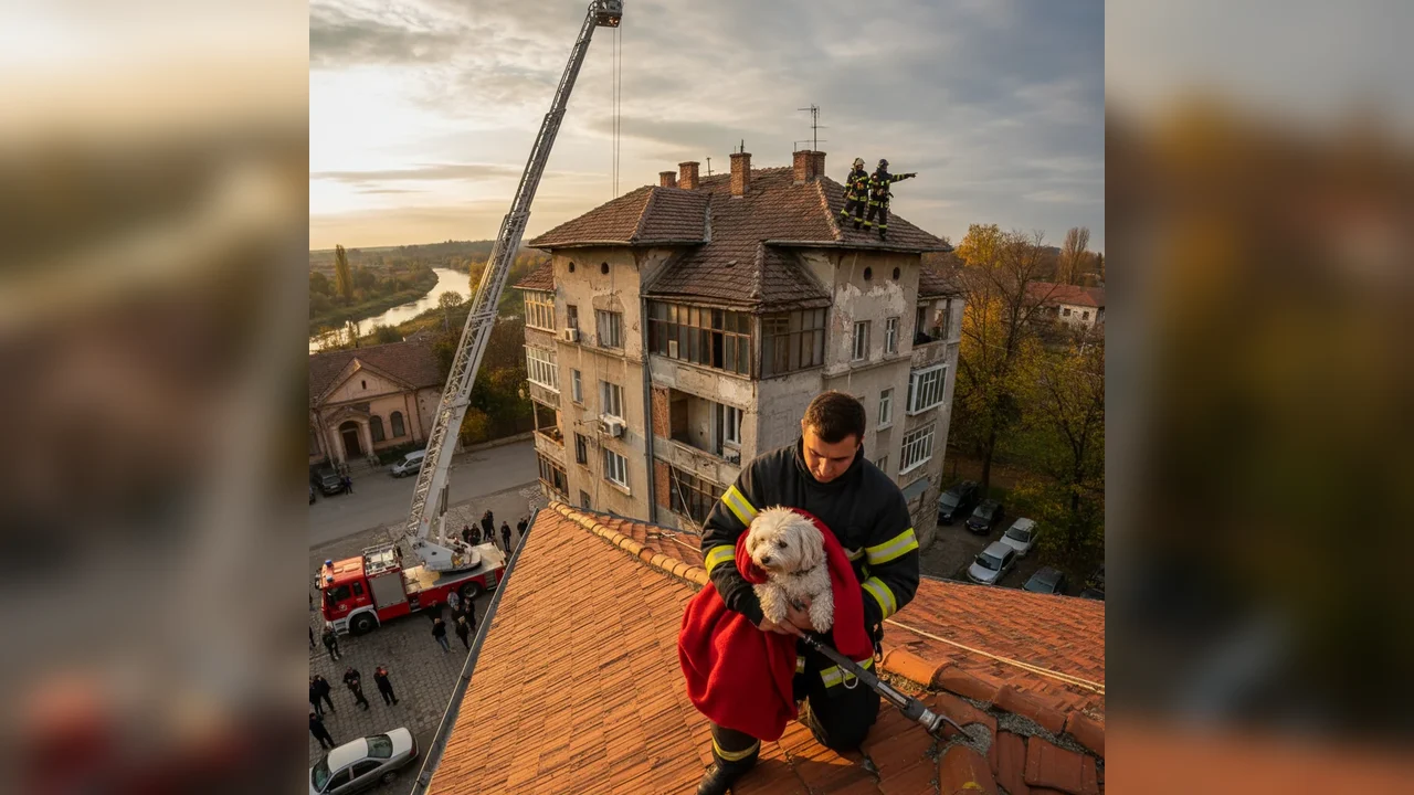 Câine salvat de pompieri de pe acoperișul unei clădiri
