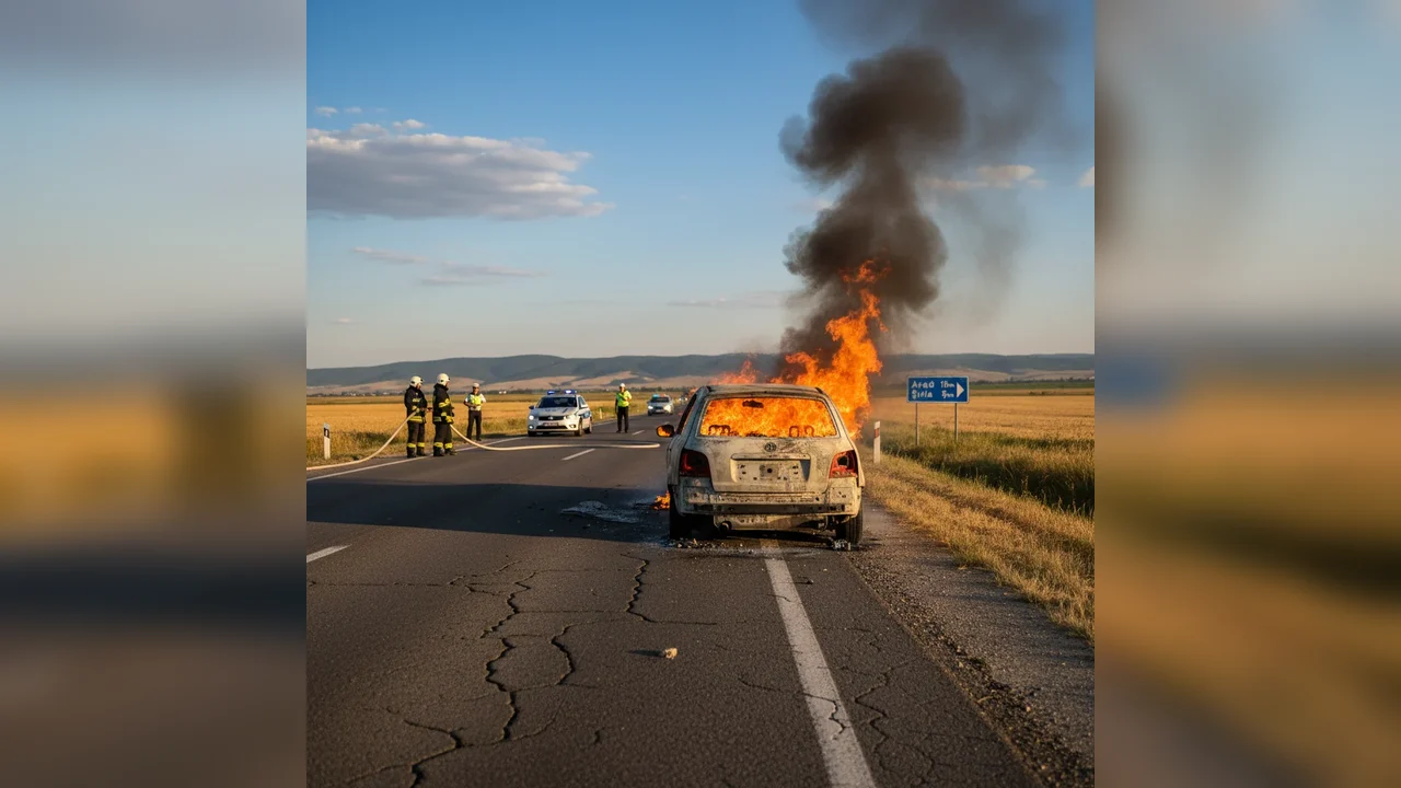 Mașină cuprinsă de flăcări între Arad și Șiria, trafic rutier perturbat temporar