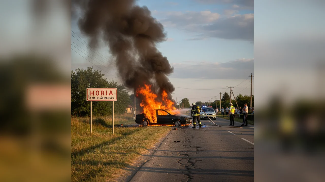 Mașină cuprinsă de flăcări la intrarea în localitatea Horia, pe drumul dinspre Arad
