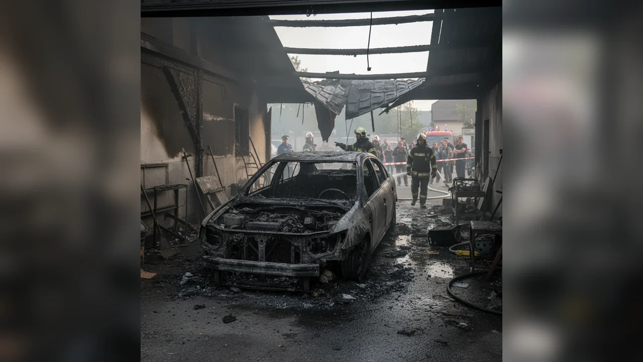 Mașină distrusă într-un incendiu la un garaj din Adea, județul Arad