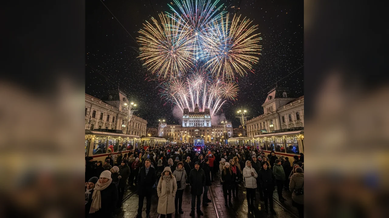 Revelion în stradă la Arad: focuri de artificii în centrul orașului au marcat trecerea în 2026